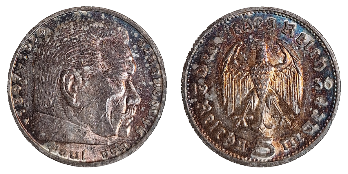 5 Reichsmark Hindenburg 1936 E vz/stgl, herrliche Patina
