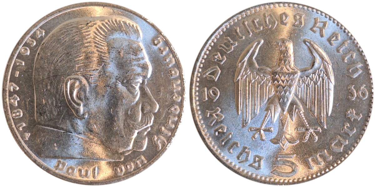 5 Reichsmark Hindenburg 1936 F prfr/stgl, TOP, noch nie i.d. Qualität gesehen