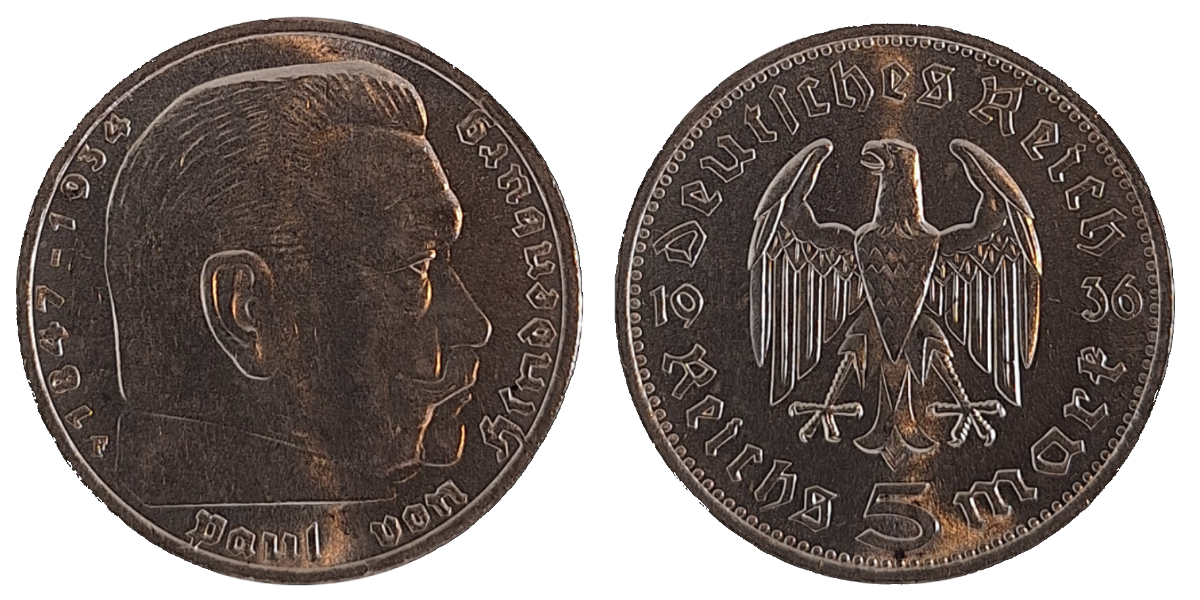 5 Reichsmark Hindenburg 1936 F J 360 f.stgl