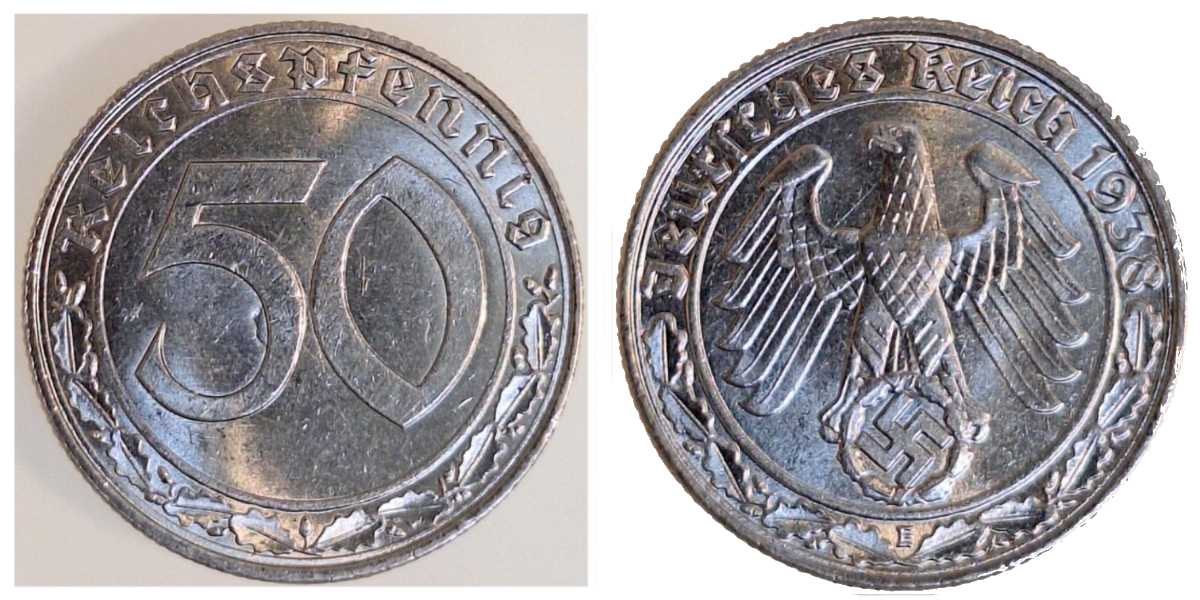 50 Reichspfennig 1938 E f.prfr, zaponiert