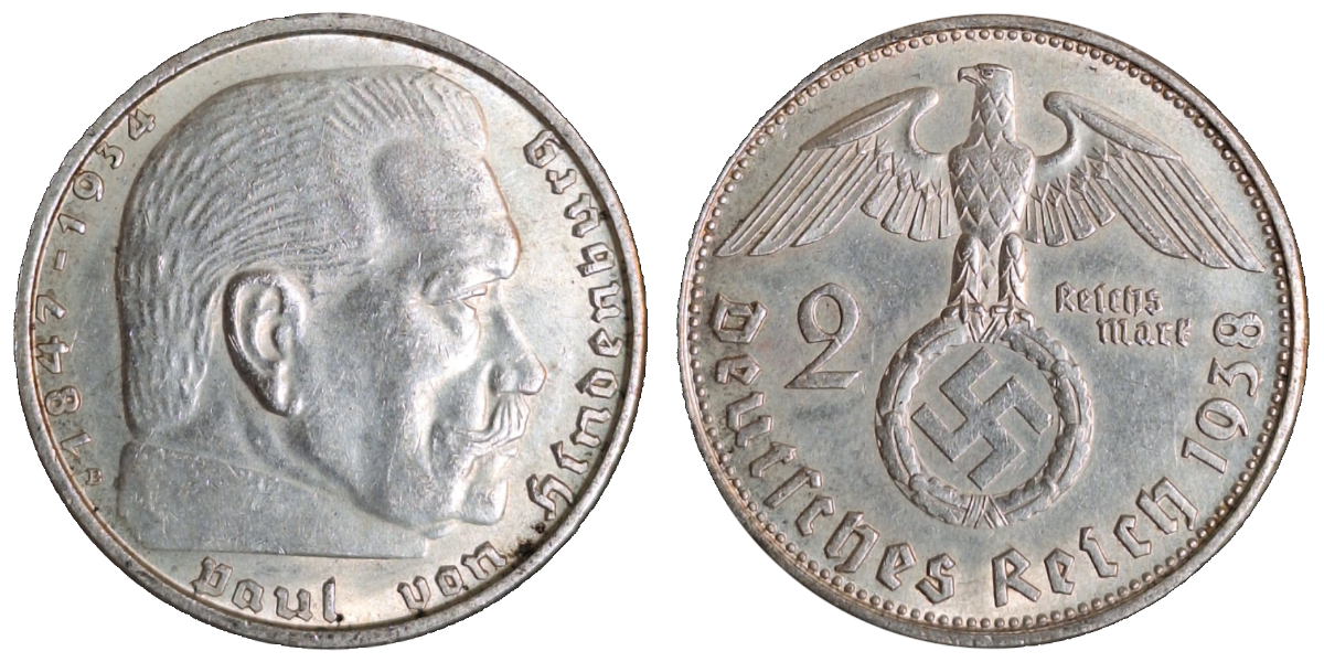 2 Reichsmark Hindenburg 1938 B fast prfr/f.stgl, J 366