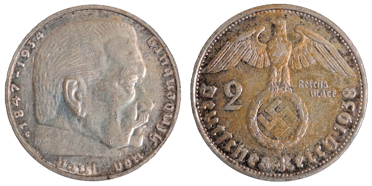 2 Mark RM Hindenburg 1938 G vorzüglich J 366
