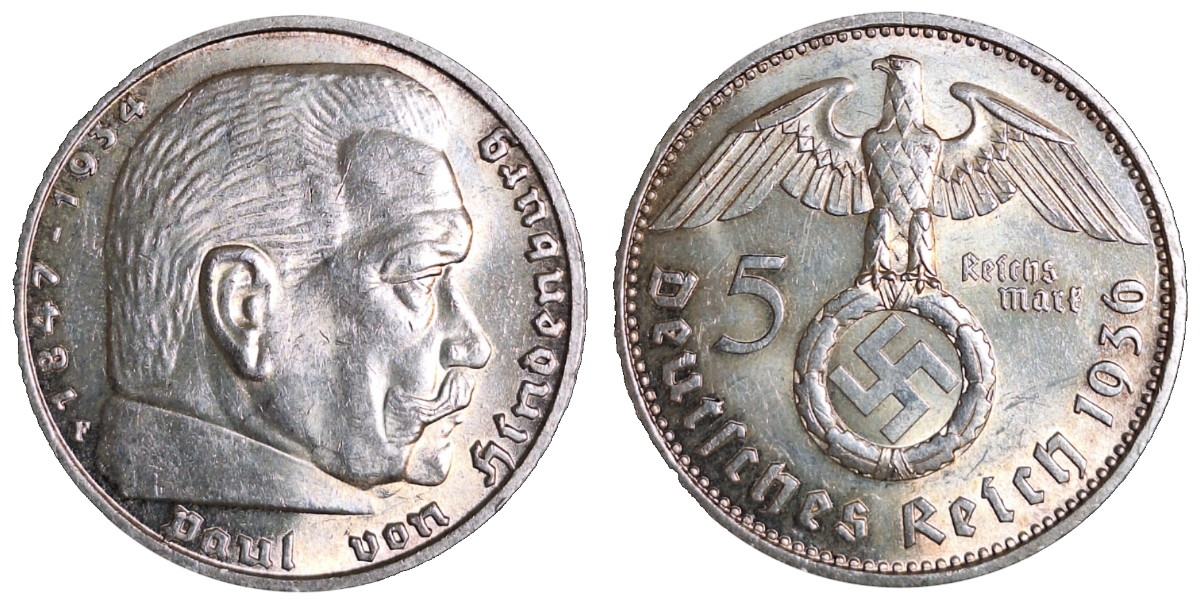 5 Mark RM Hindenburg 1936 F vz/st J 367