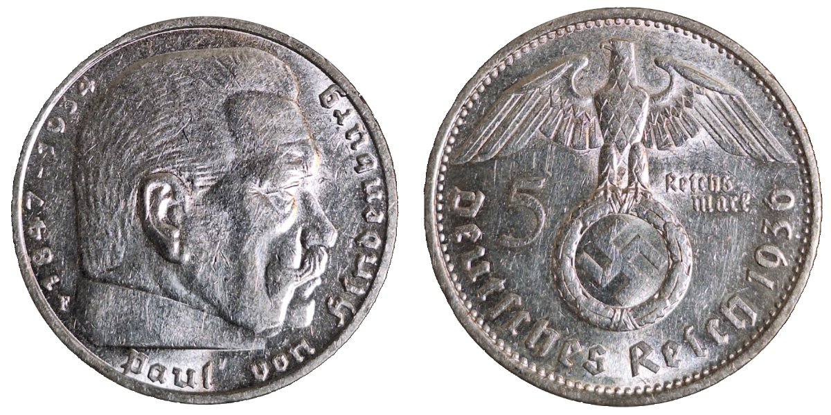 5 Mark RM Hindenburg 1936 F fast vorzüglich/Stempelglanz