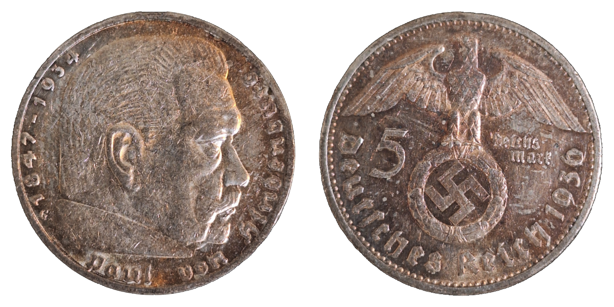 5 Mark RM Hindenburg 1936 G fast Vorzüglich J 367