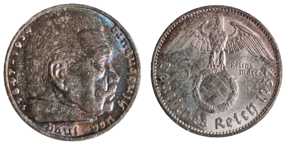 5 Mark RM Hindenburg 1937 D vz/stgl !!!, schöne Patina J 367