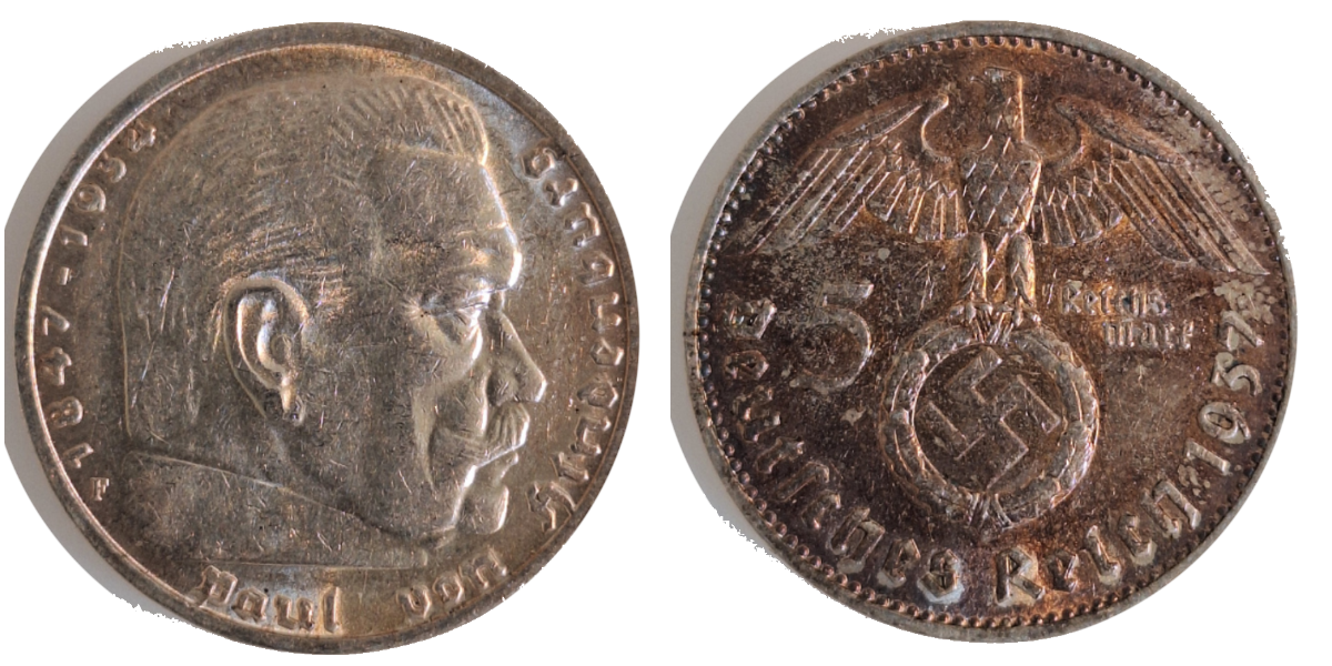 5 Mark RM Hindenburg 1937 F vz+, RS: herrliche goldene Patina