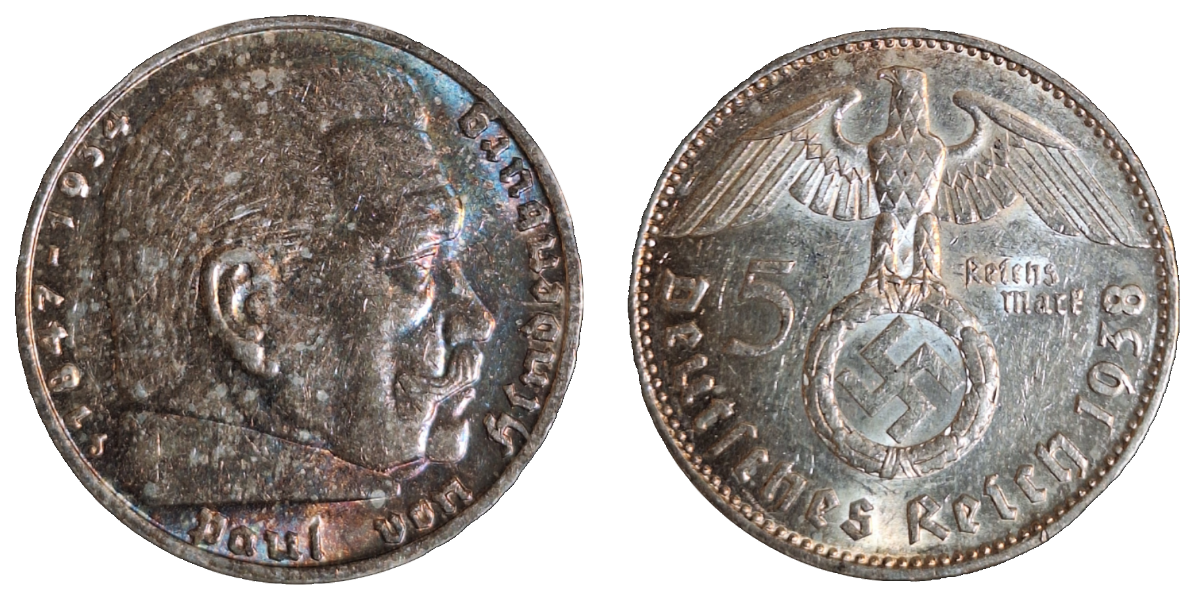 5 Mark RM Hindenburg 1938 J vz/stgl schöne Patina J 367