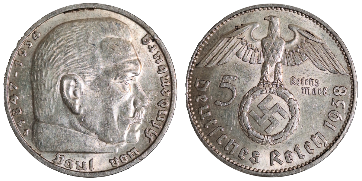 5 Reichsmark Hindenburg 1938 J fast Vorzüglich, J 367