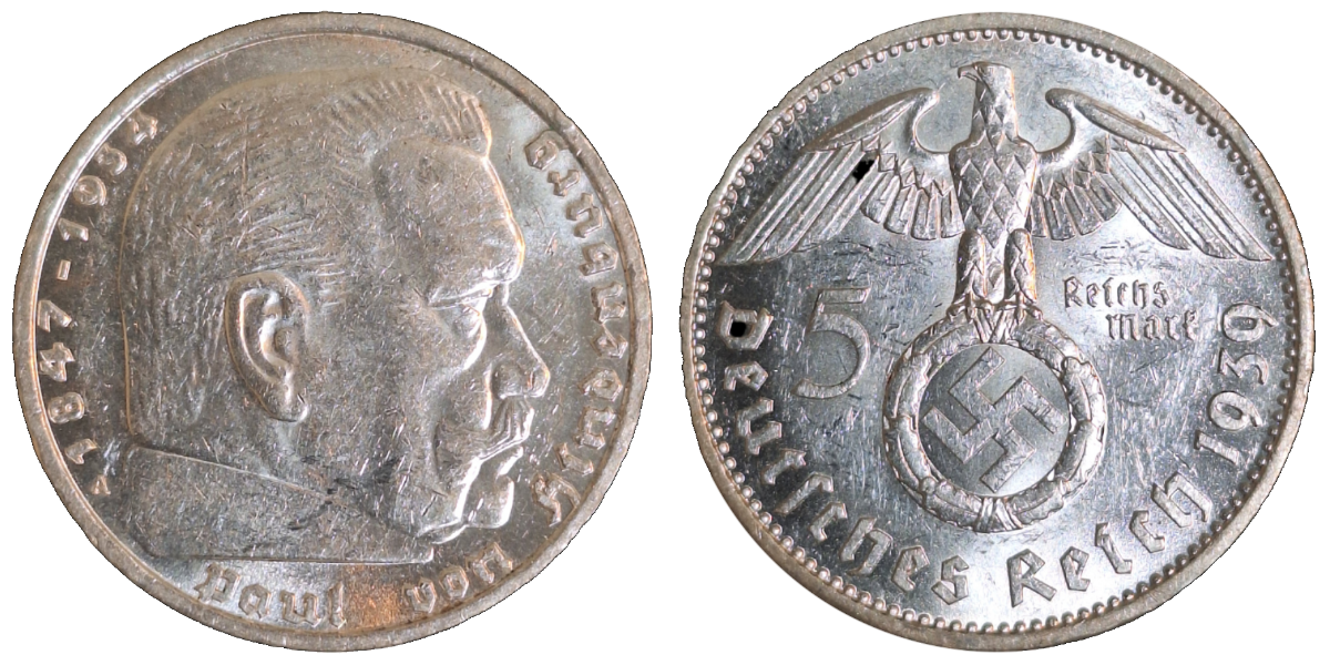 5 Mark Hindenburg 1939 A J 367 fast vorzüglich 5 RM