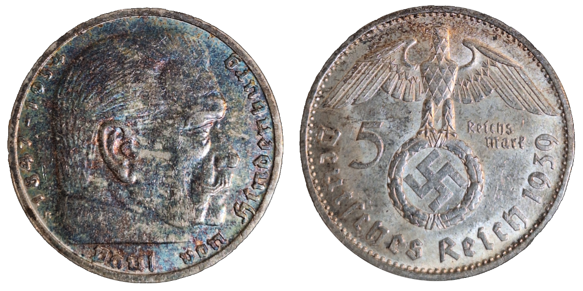 5 Mark RM Hindenburg 1939 B fast vorzüglich J 367