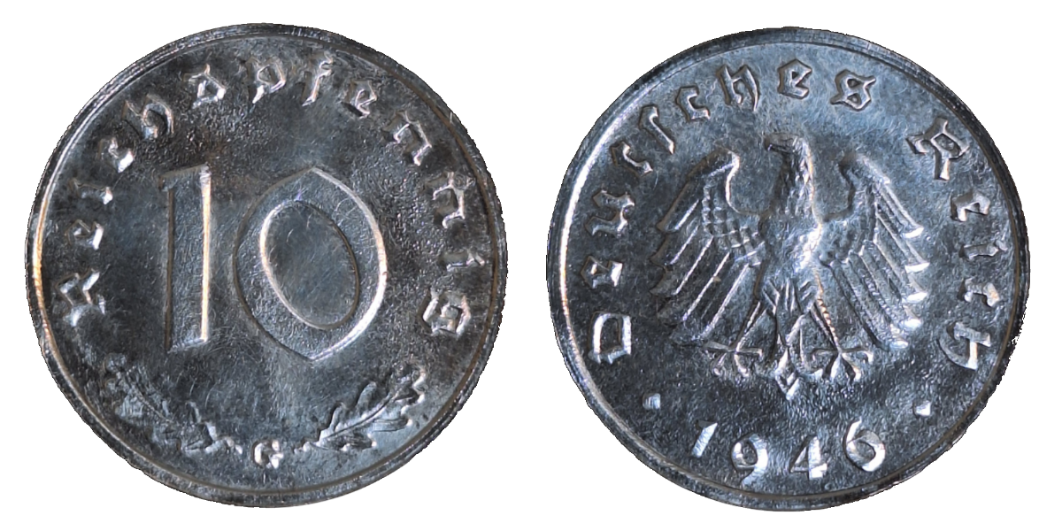 10 Reichspfennig 1946 G Sehr Schön, gereinigt J 375
