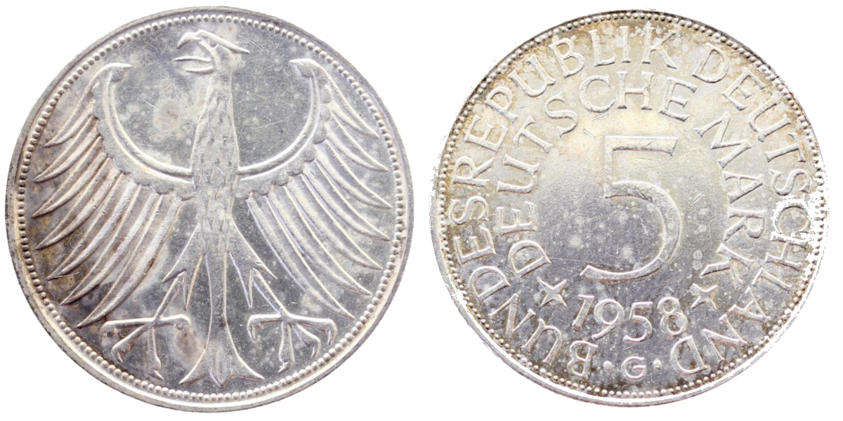 5 Deutsche Mark 1958 G vz J387 5 DM