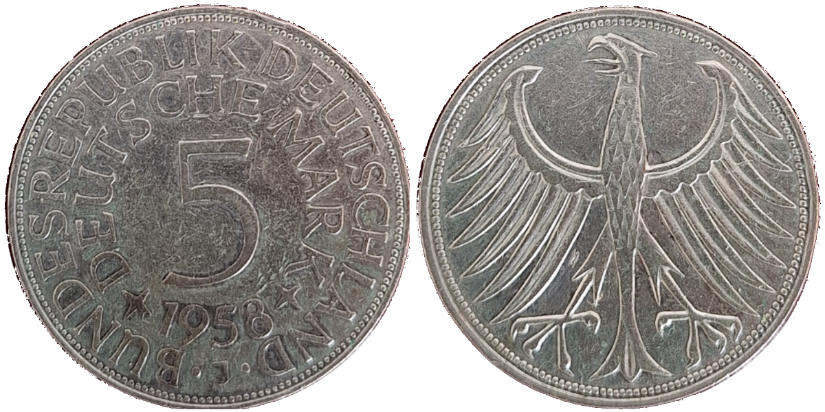 5 Mark 1958 J SS inkl. Expertise J387 5 DM