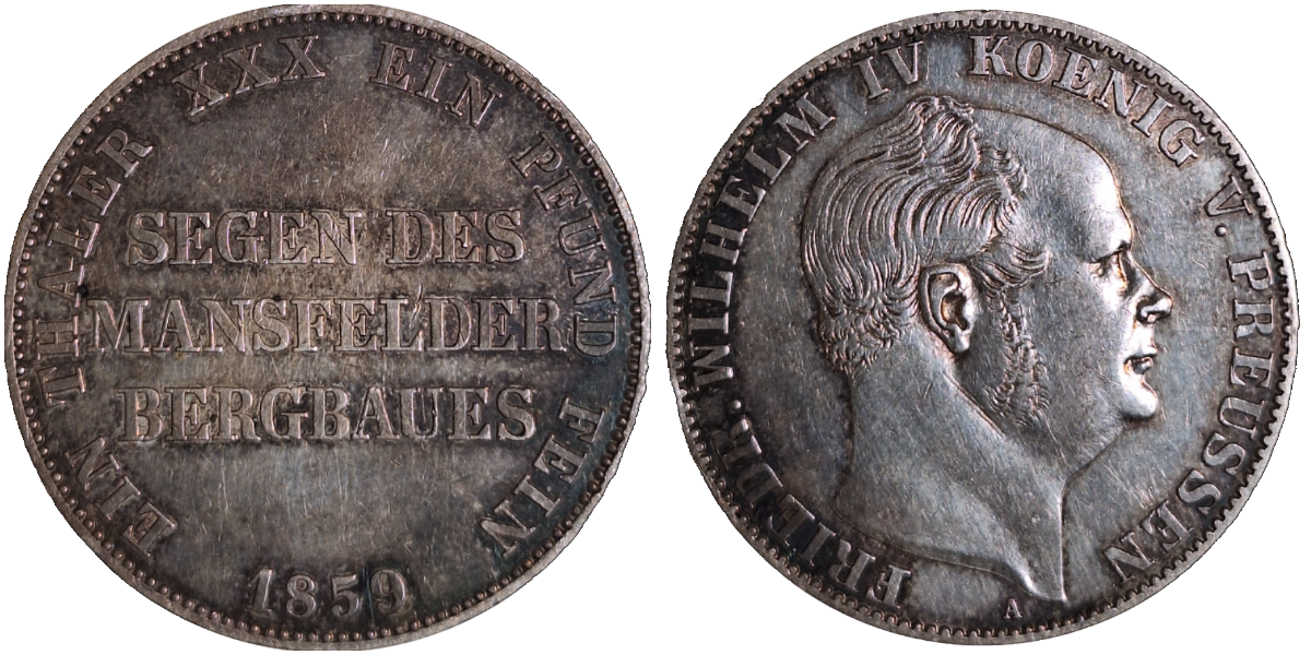 1 Thaler 1859A Preussen Segen des Mannsf. Bergbaues, ss/vz, kl. Rf.