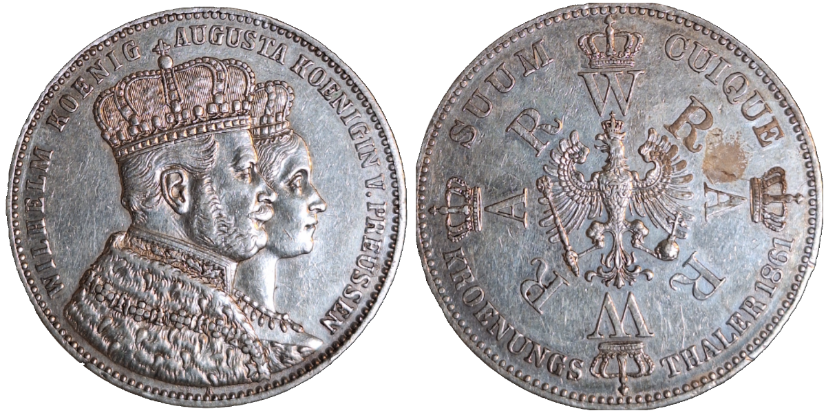 1 Krönungstaler 1861 A Preussen Wilhelm und Augusta, gutes ss/vz AKS 116, Kahnt 385