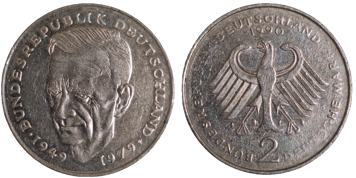 2 Mark Fehlprägung 2 DM 1988 D Text der Wertseite zu 80% unleserlich ss/vz, J424