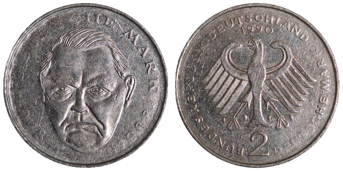 2 Mark Fehlprägung 1988 F Erhardt 2 DM Text der Vorde- und Wertseite zu ca. 70% nicht geprägt, ss/vz