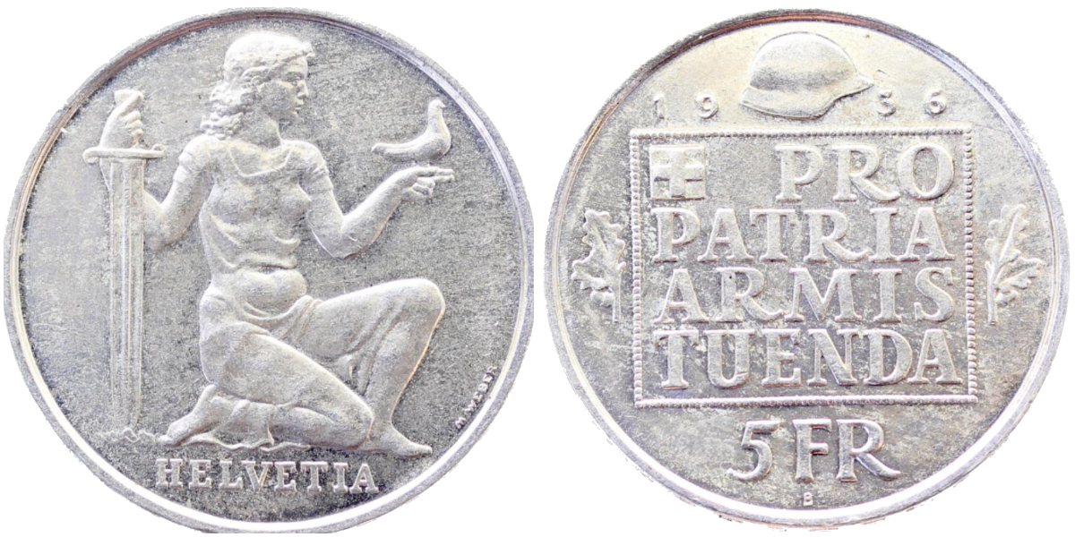 5 Franken Schweiz 1936 B prfr/Stgl Erstabschlag