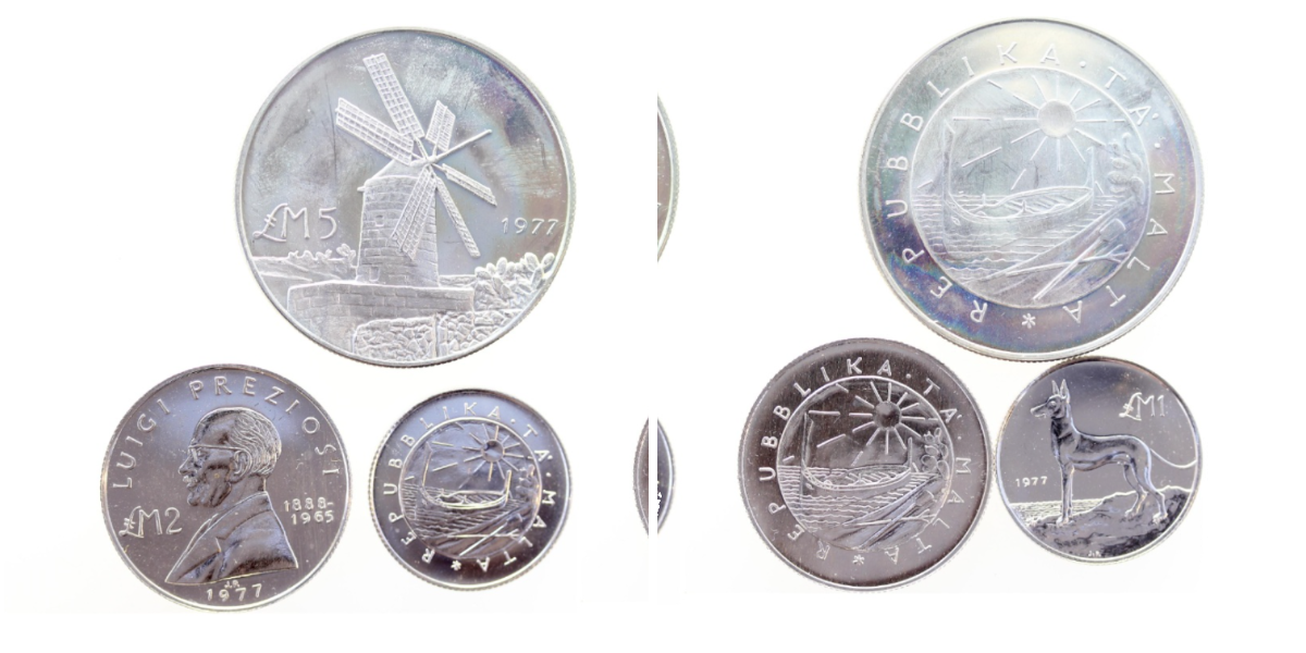 1, 2 und 5 Lira Malta 1977, 3 Münzen 1 Pfund und 5 Pfund TOP!!!