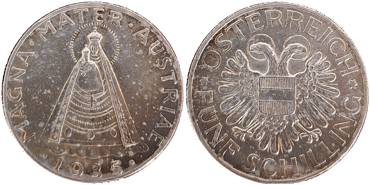 5 Schilling 1935-1-5 KM# 2853 vz/stgl Marienbild, Patina