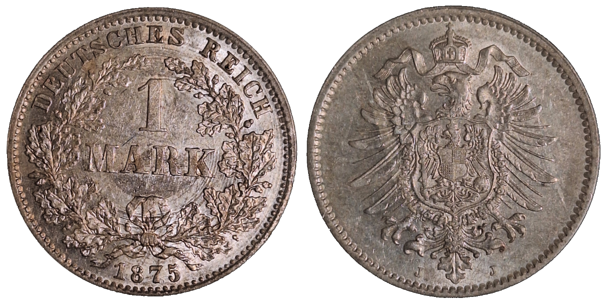 1 Mark 1875 J Kaiserreich vz+, Rohling ausgedreht