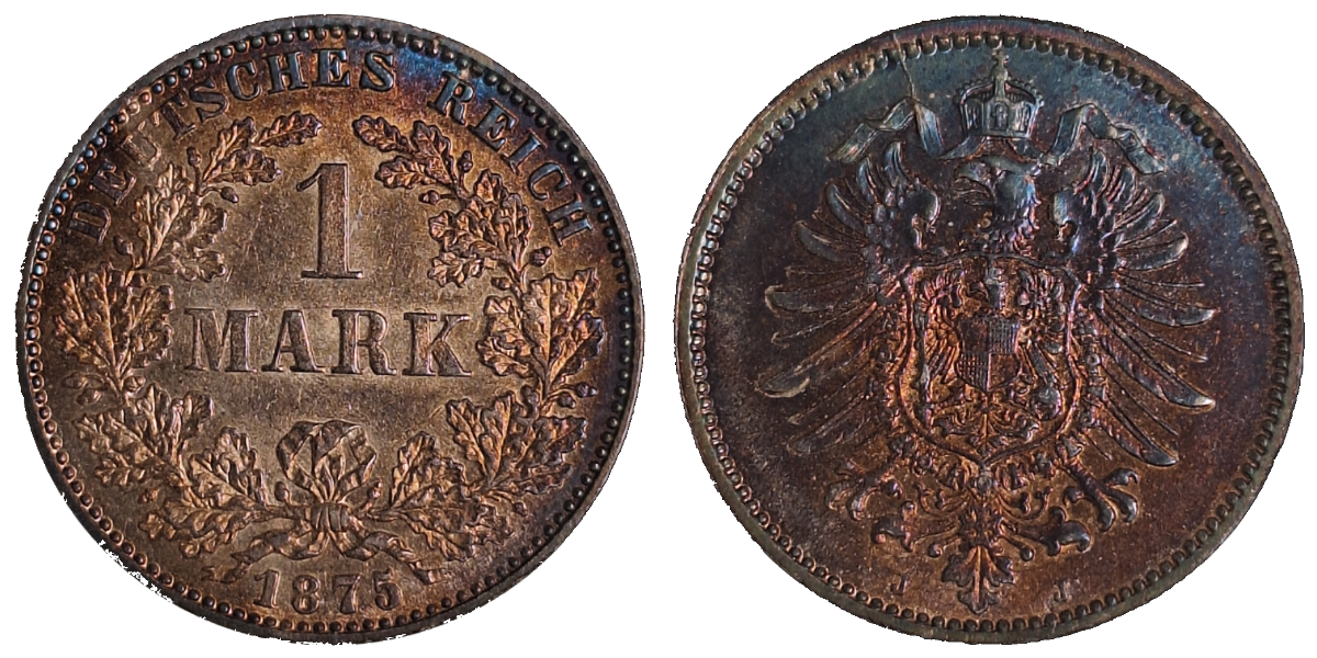 1 Mark 1875 J, fast vorzüglich, herrliche Regenbogen-Patina