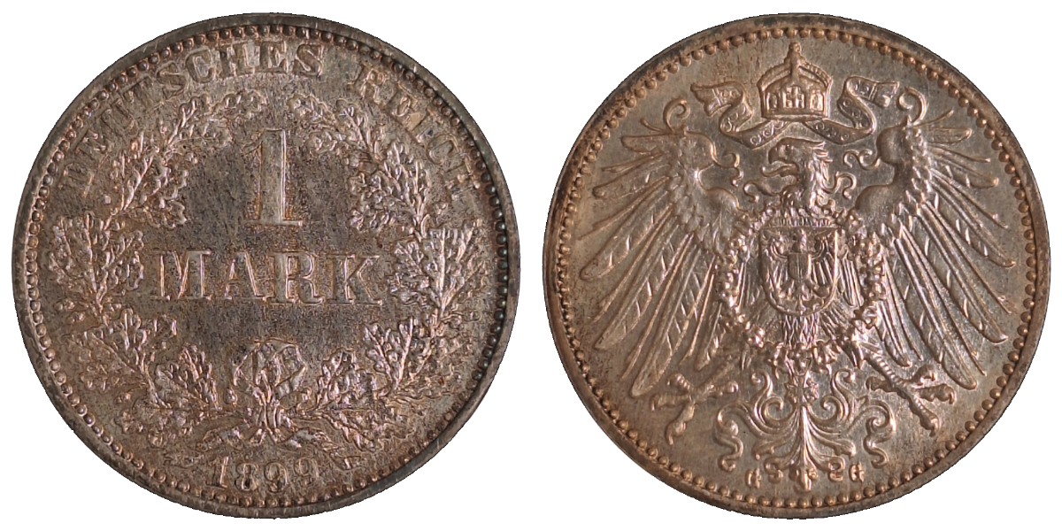 1 Mark 1899 G prfr/stgl !! alte, leicht goldene Patina Inklusiv Expertise Z261014-S4