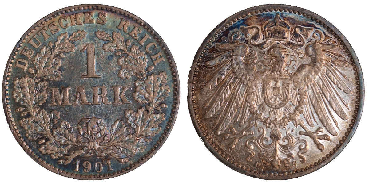 1 Mark 1901 G SS/VZ-Stgl, herrliche Regenbogen-Patina