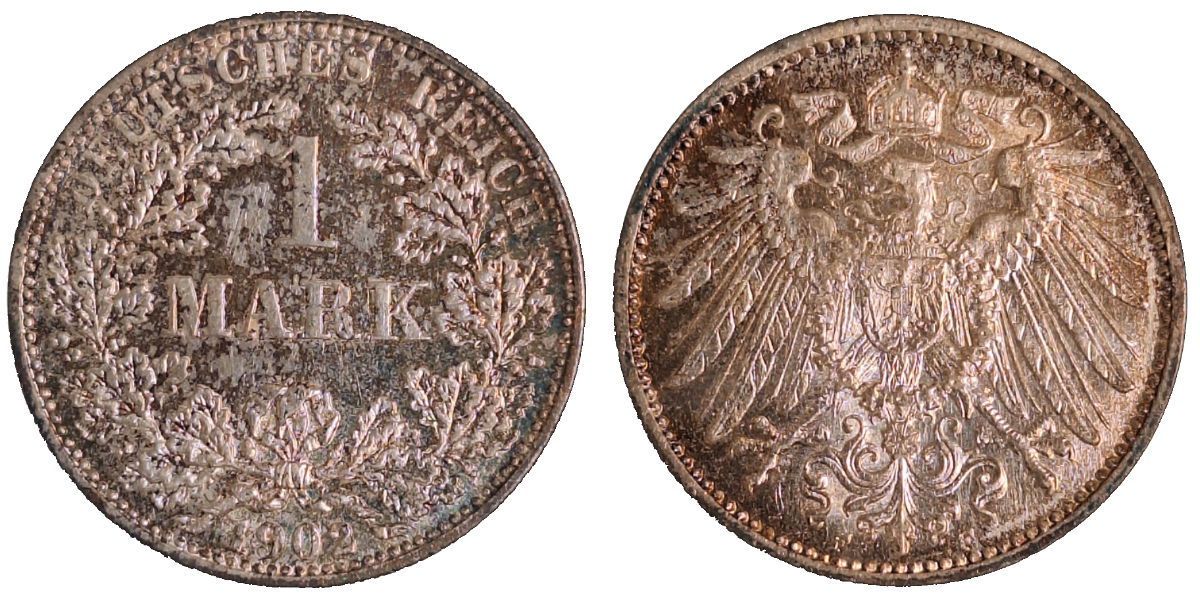 1 Mark 1902 F vz/stgl schöne Patina J017