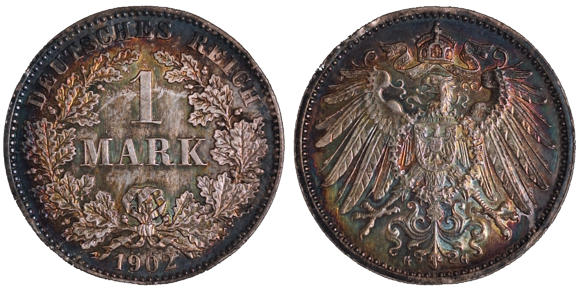 1 Mark 1902 G VZ-Stgl, herrliche Regenbogen-Patina, minimale Krätzerchen