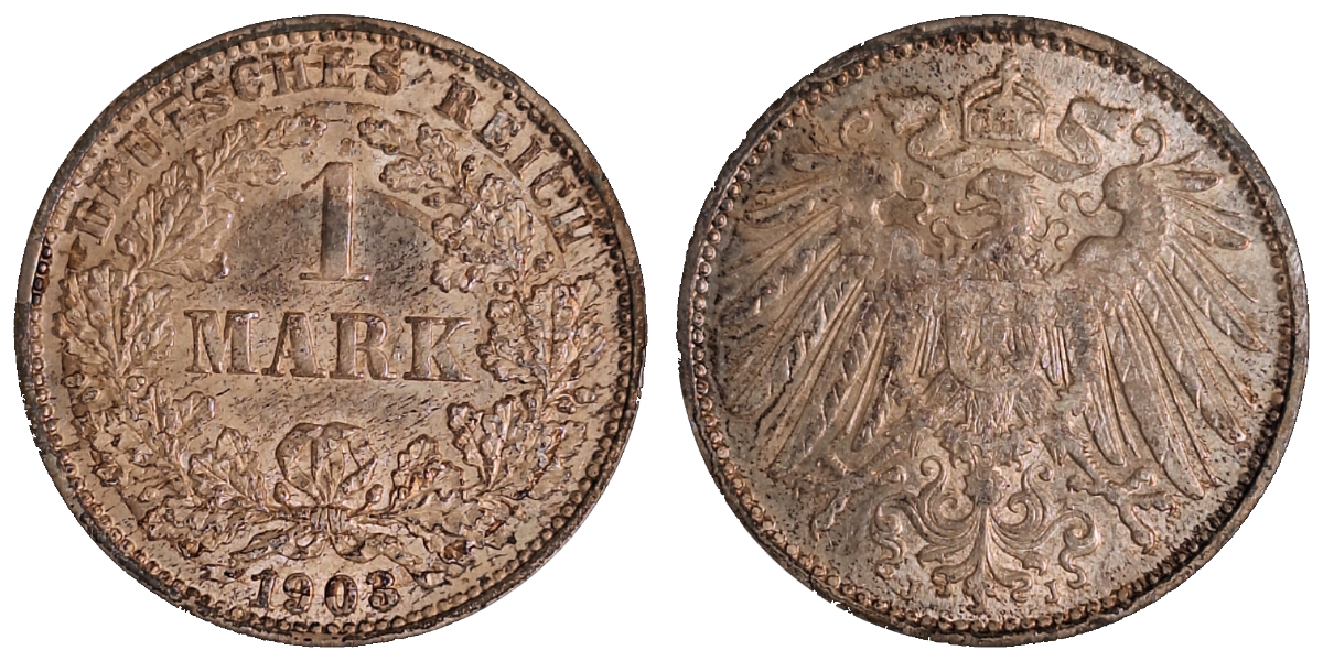 1 Mark 1903 J, fast VZ, leichte Patina Deutsches Reich