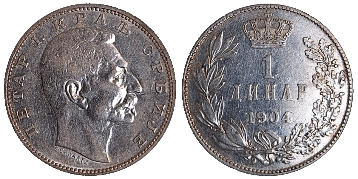 1 Dinar Serbien 1904 ss/vz, kl. Kratzer, Rückseite aus Erstabschlag