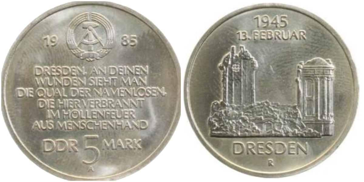 5 Mark DDR Ruine der Frauenkirche Dresden 1985 A J1601