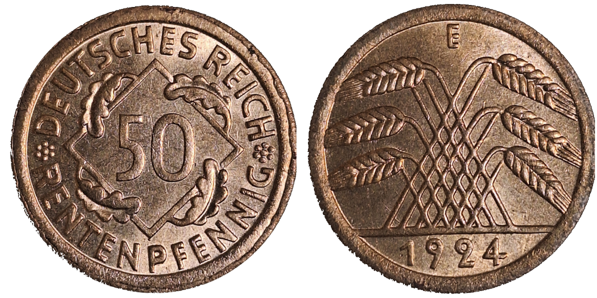 50 Rentenpfennig 1924 E prfr/st., Originalfarbe J 310