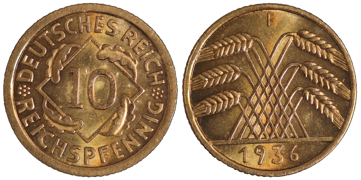 10 Reichspfennig 1936 F prfr/stgl J317, TOP