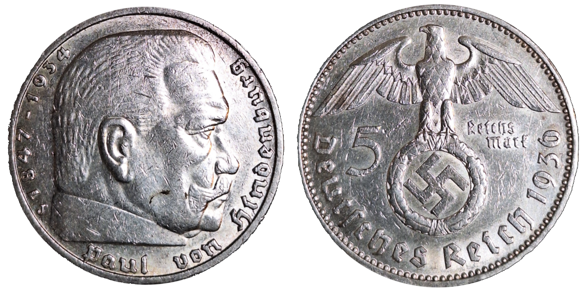 5 Reichsmark RM Hindenburg 1936 J ss/vz J 367