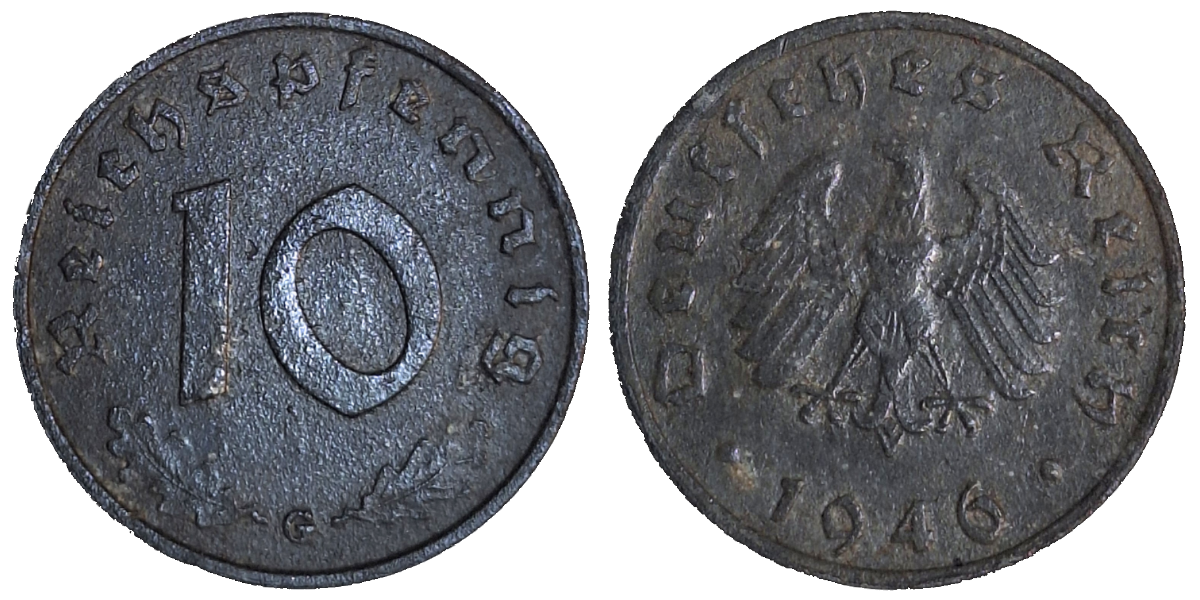 10 Reichspfennig 1946 G Sehr Schön, gereinigt J 375