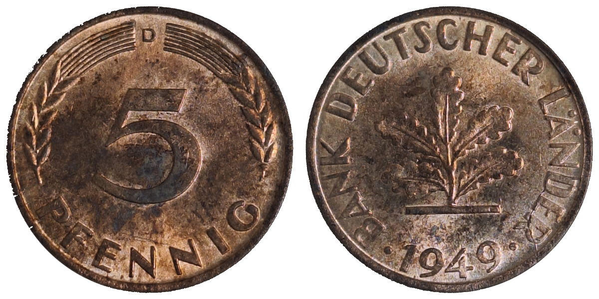 5 Pfennig 1949 D vz, Bank Deutscher Länder