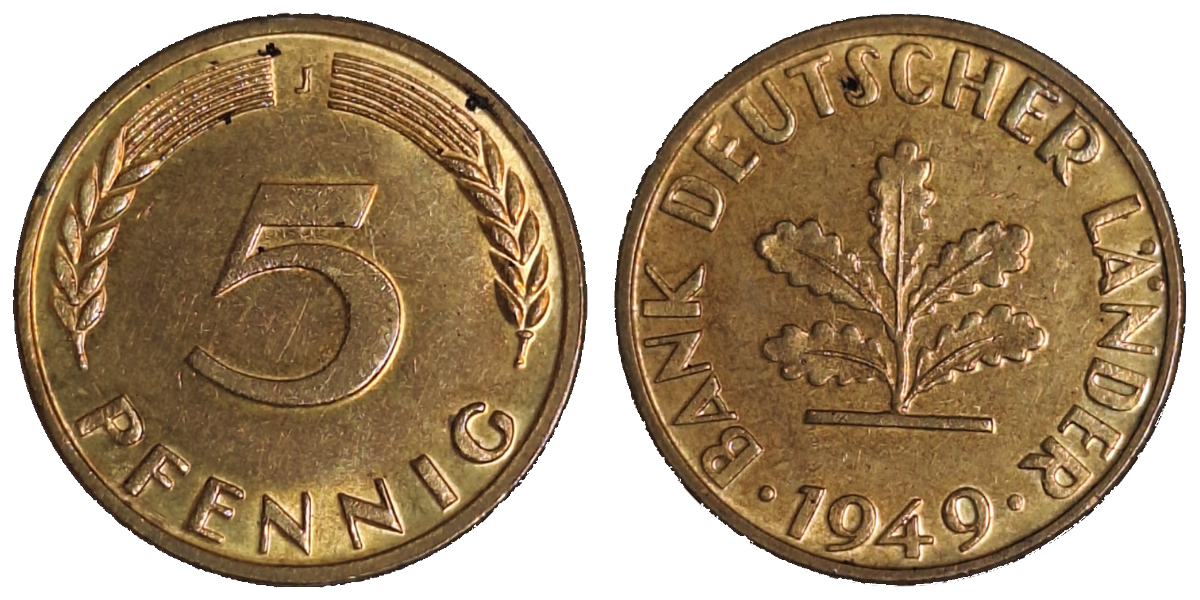 5 Pfennig 1949 J Nak Deutscher Länder bfr/stgl, Originalfarbe