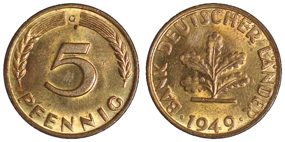 5 Pfennig 1949 J bfr Bank Deutscher Länder Originalfarbe