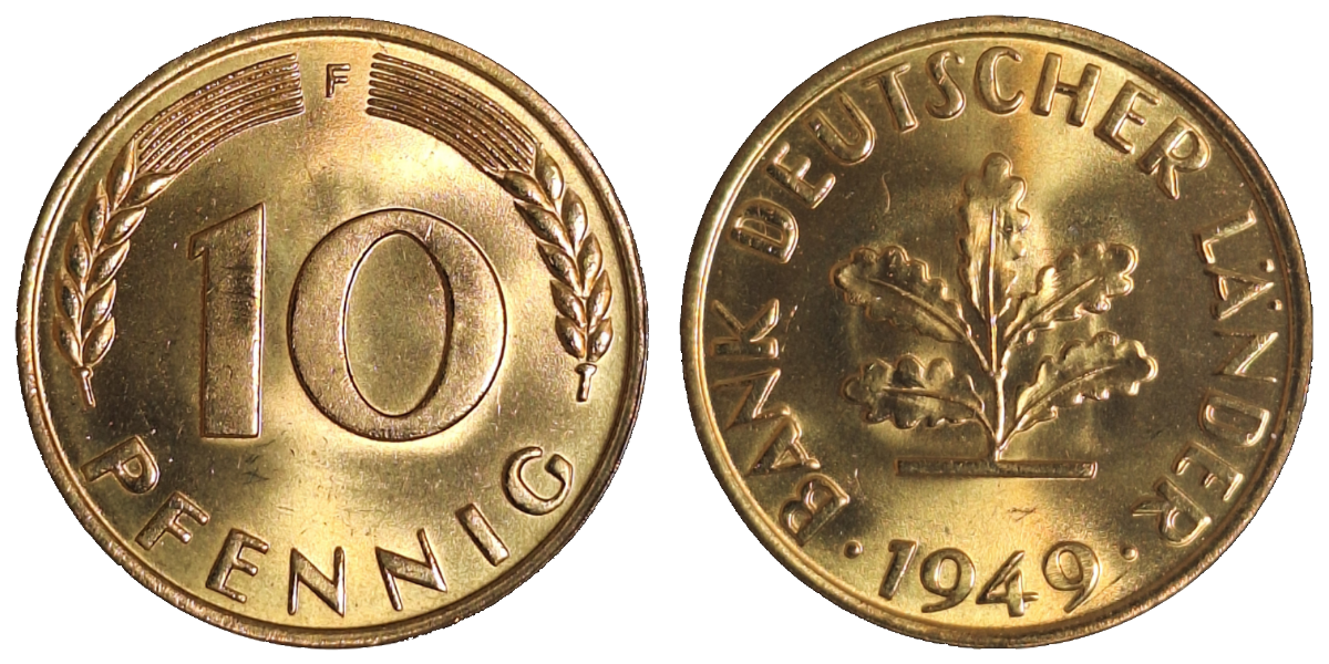 10 Pfennig 1949 F Bank Deutscher Länder bfr/stgl Originalfarbe
