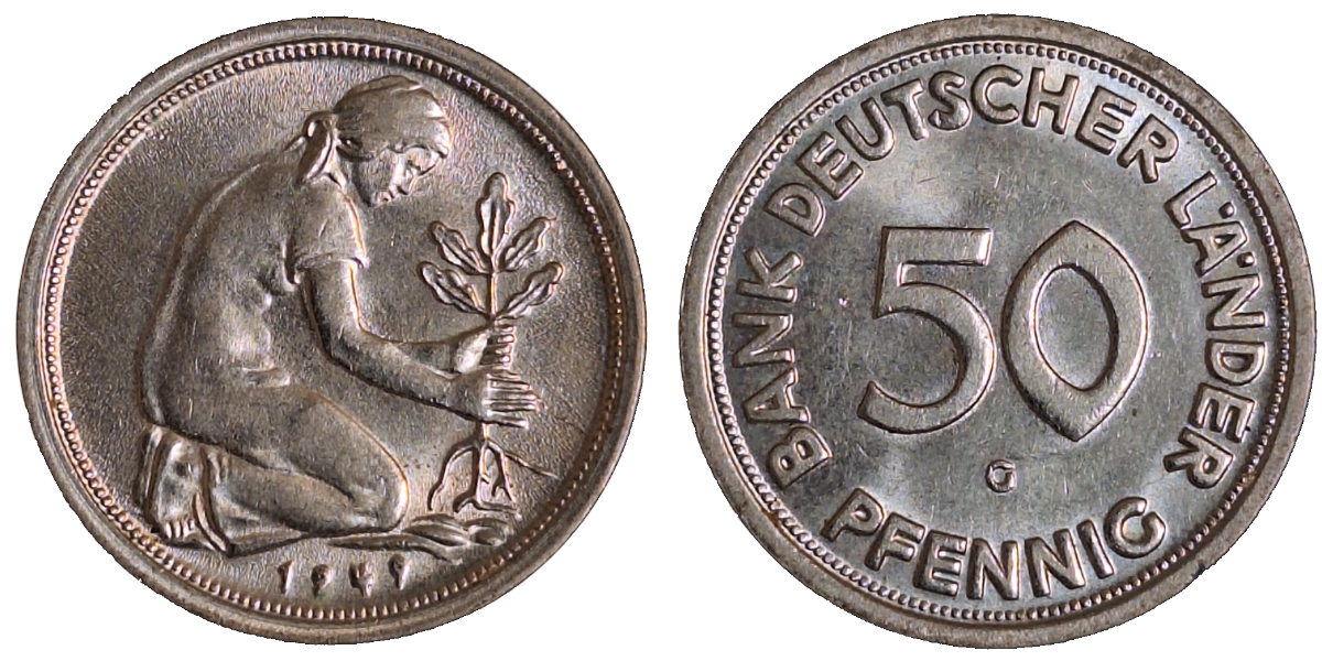 50 Pfennig 1949 G bfr/stgl Bank Deutscher Länder J379