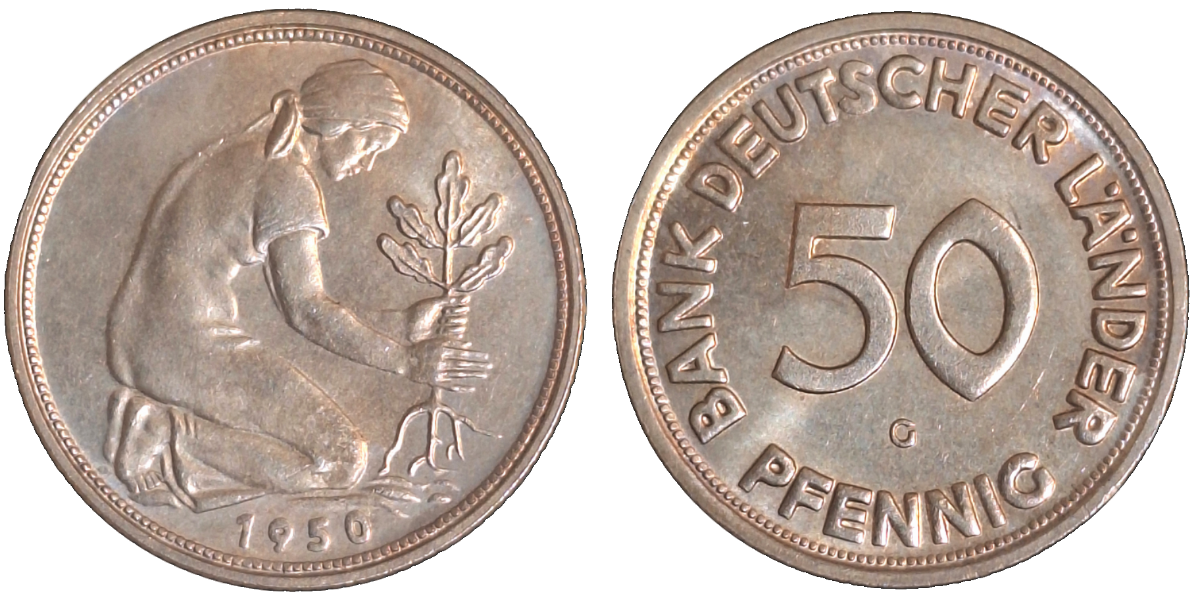 50 Pfennig 1950 G Bank Deutscher Länder bfr/stgl J379, leichte Patina, inkl. Expertise