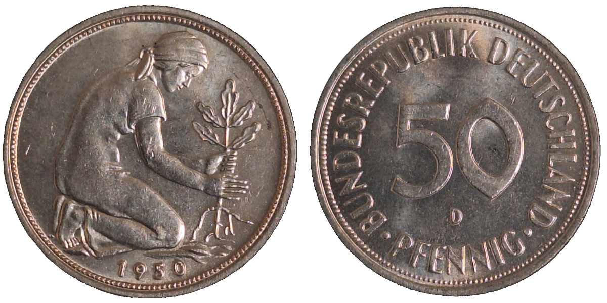 50 Pfennig 1950 D, bfr/stgl J384