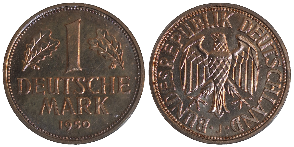1 Deutsche Mark 1950J bfr/stgl, beginnende goldene Patina, TOP 1 DM