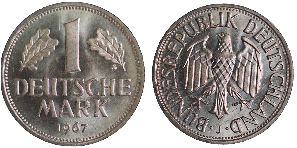 1 Deutsche Mark 1967 J stgl fein J385, aussergewöhnliche Erhaltung, TOP