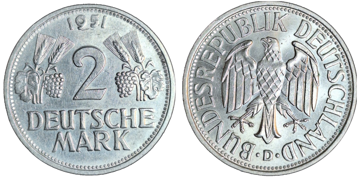 2 DM 1951 D Ähren J 386 bfr/stgl selten in der Erhaltung