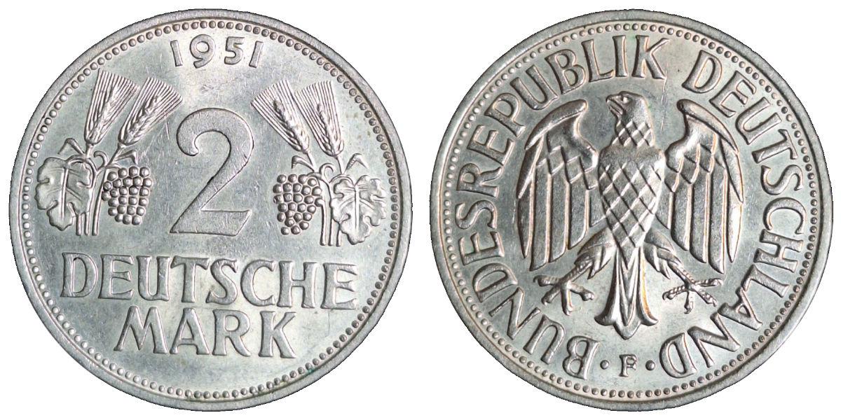 2 Deutsche Mark 1951 F Ähren f.bfr. J 386