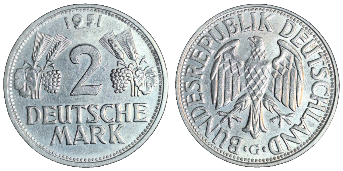 2 Deutsche Mark 1951 G Ähren, bfr, J386
